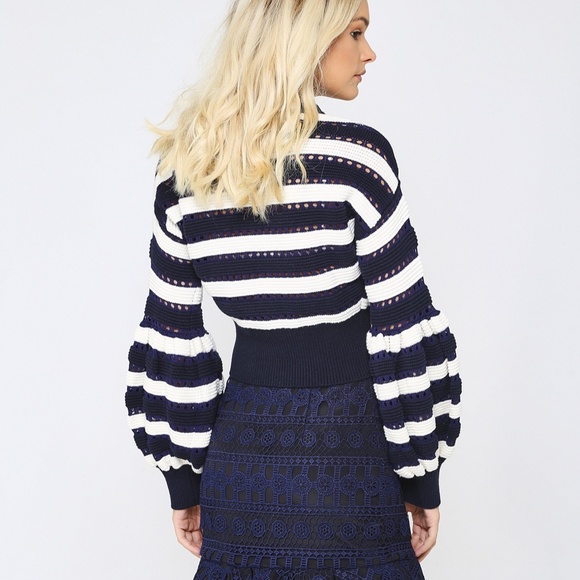 COPY - SELF PORTRAIT Balloon Sleeve Striped Sweater Blue/Cream S - Picture 3 of 7